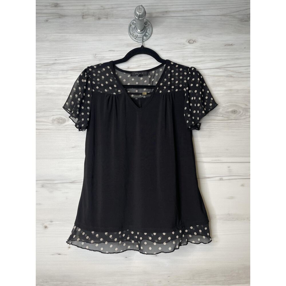 Atelier 29 Shirt Womens Small Black Polka Dot‎ Sheer Flutter Sleeve Blouse Top